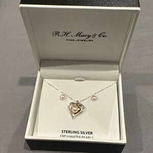 Sterling Silver Heart Pendant Necklace with Pearls - White